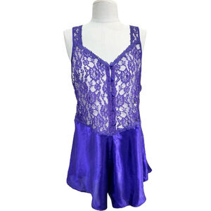 Vintage 80s 90s purple satin sheer lace bodice romper teddy negligee lingerie L